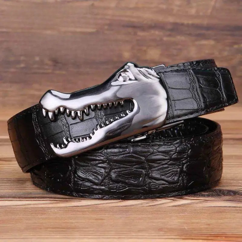 Yerik Model Black Crocodile-Patterned Belt with Silver Alligator Buckle for men