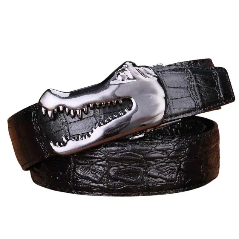 Yerik Model black crocodile-patterned belt with silver alligator buckle for elegant style
