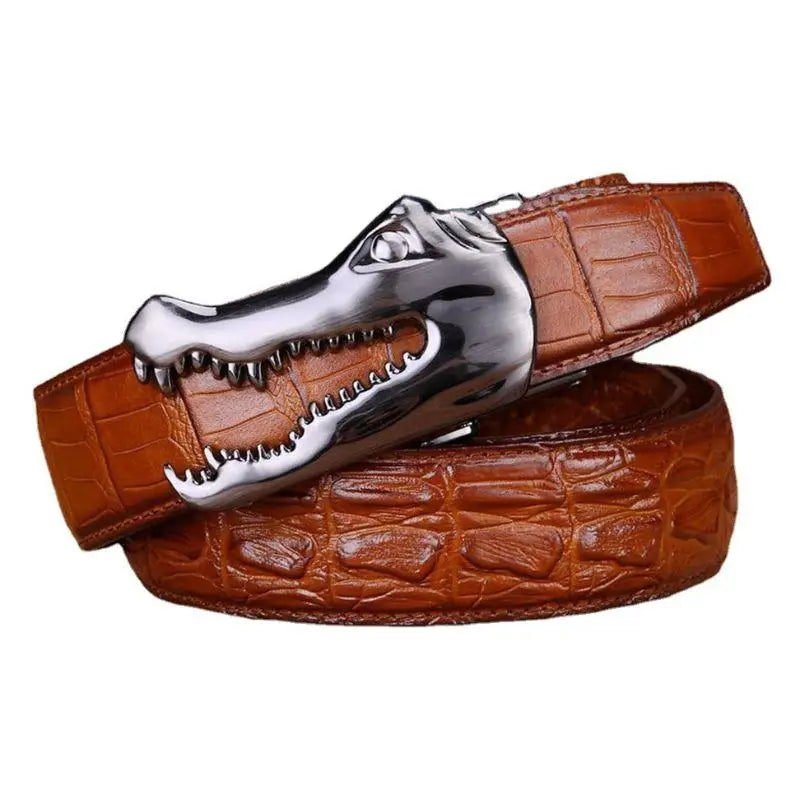 Brown crocodile-patterned belt with silver alligator buckle from Yerik Model