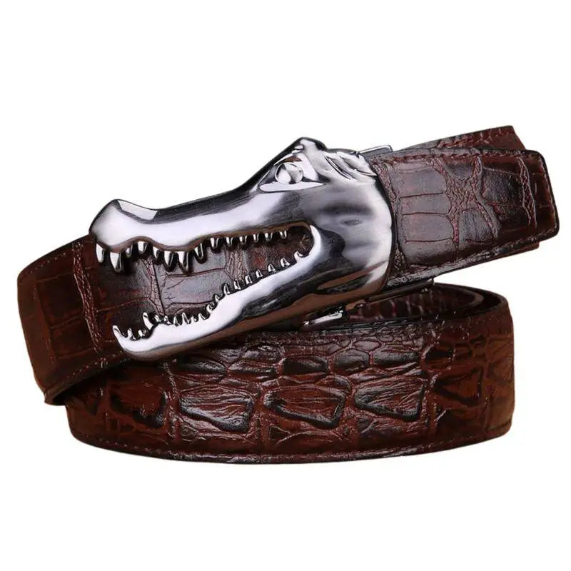 Yerik Model Brown Crocodile-Patterned Belt with Silver Alligator Buckle for men