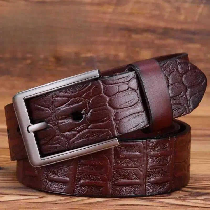Brown crocodile-patterned leather belt with silver buckle for casual and formal wear