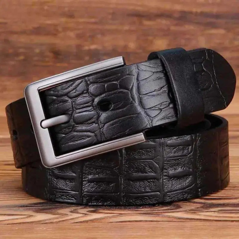 Black crocodile-pattern leather belt with silver buckle for casual and formal wear
