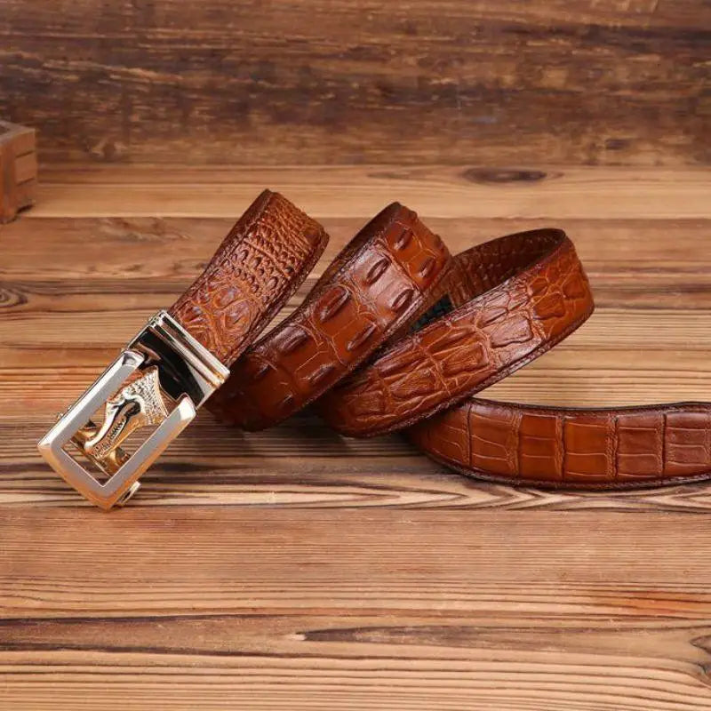 Ravil Belt set featuring brown crocodile-patterned leather belt with silver buckle