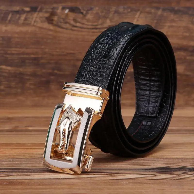 Black crocodile-patterned Ravil Belt with gold elephant buckle for elegant style