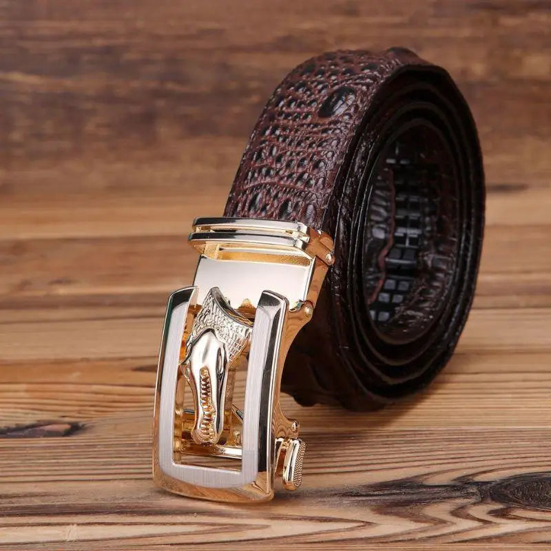 Brown crocodile-patterned Ravil Belt with a horse-head buckle and gold accents