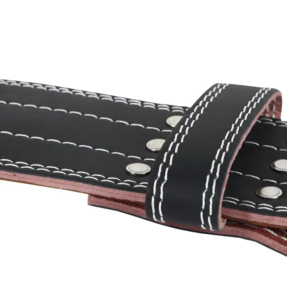 Black leather weightlifting belt for support and stability during heavy lifts