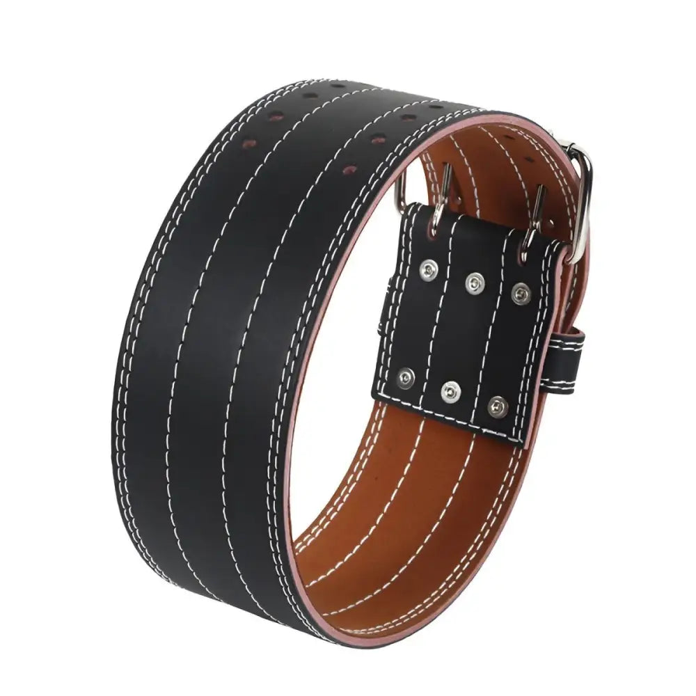 Black leather weightlifting belt designed for support and durability during training