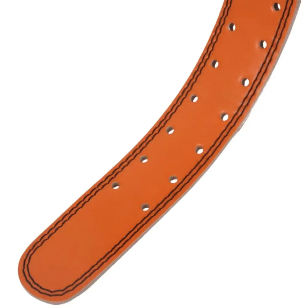 Lilian Leather Power Belt in Orange and Black with stitching and holes for weightlifting