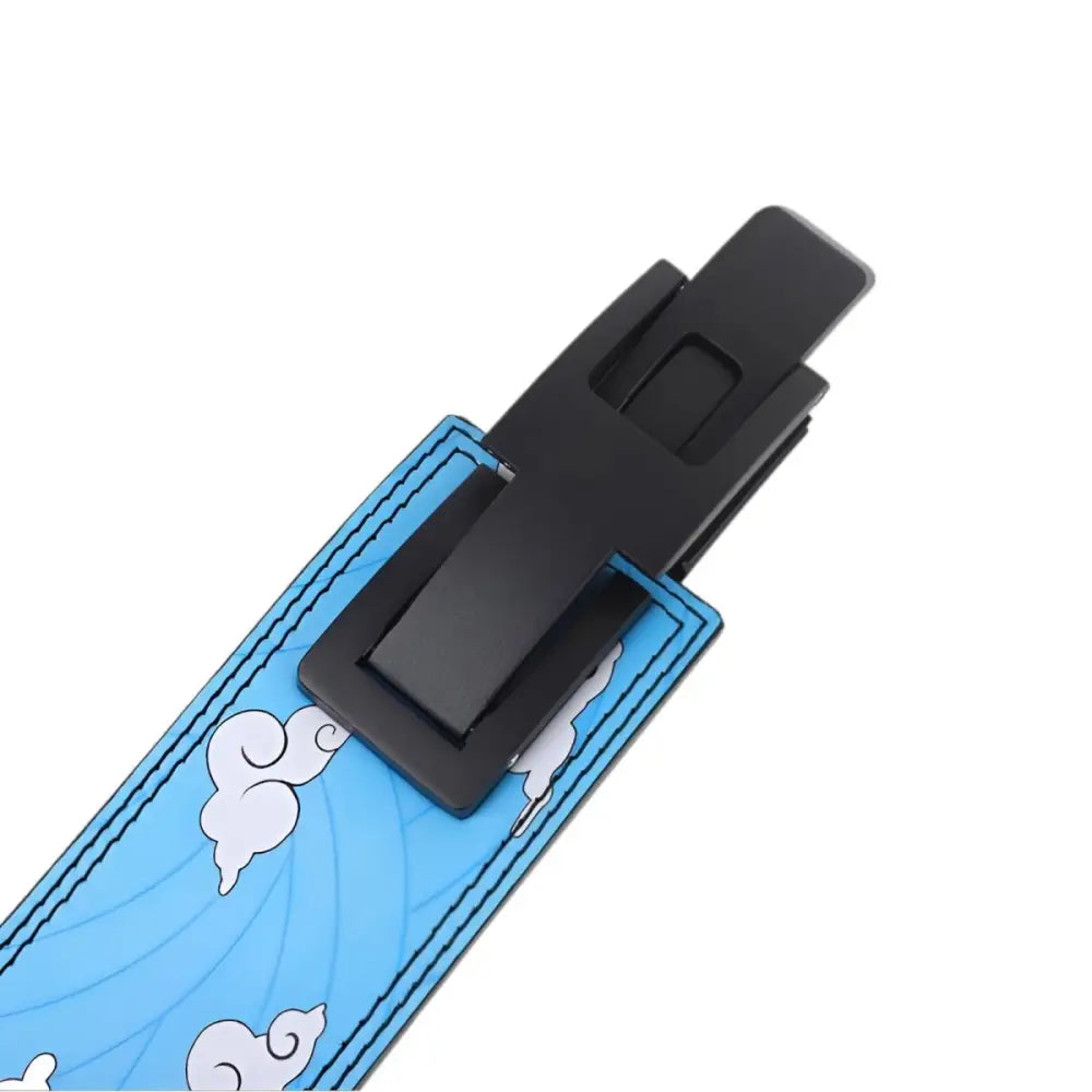 Blue and white patterned strap with black clip from leather powerlifting belt collection