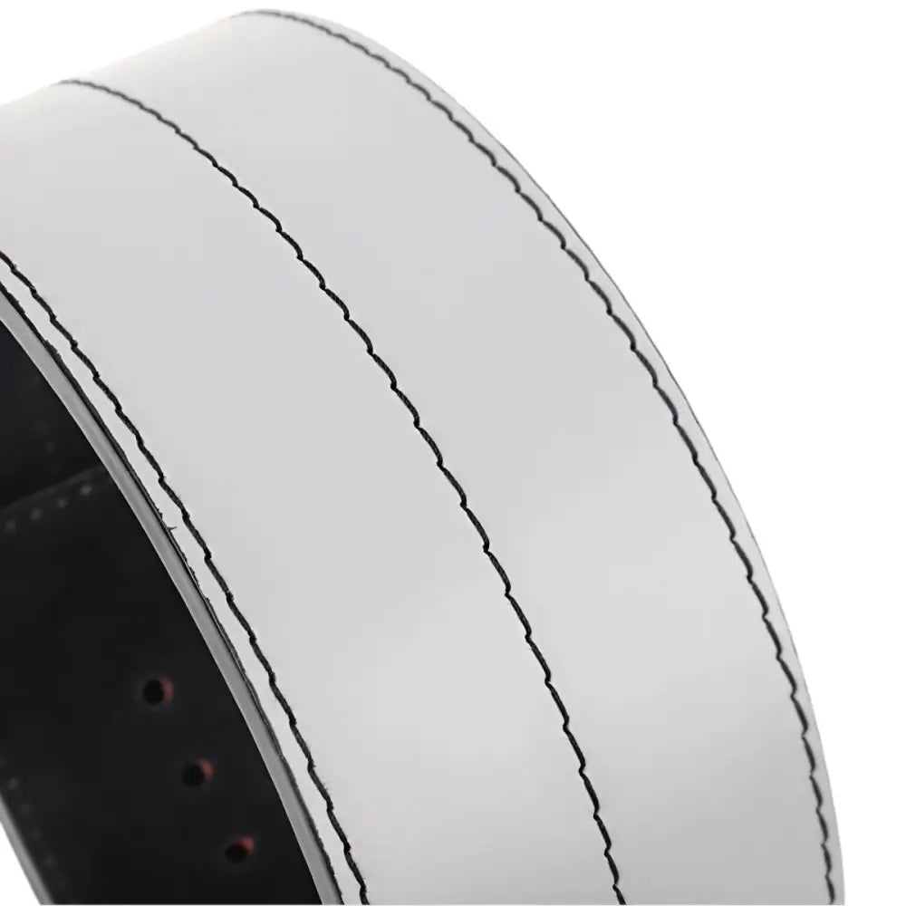 White leather weightlifting belt with metal buckle for enhanced support and durability