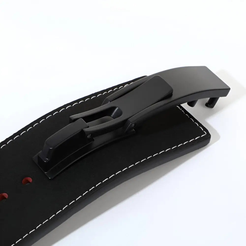 Black leather powerlifting belt with metal buckle for enhanced support and durability