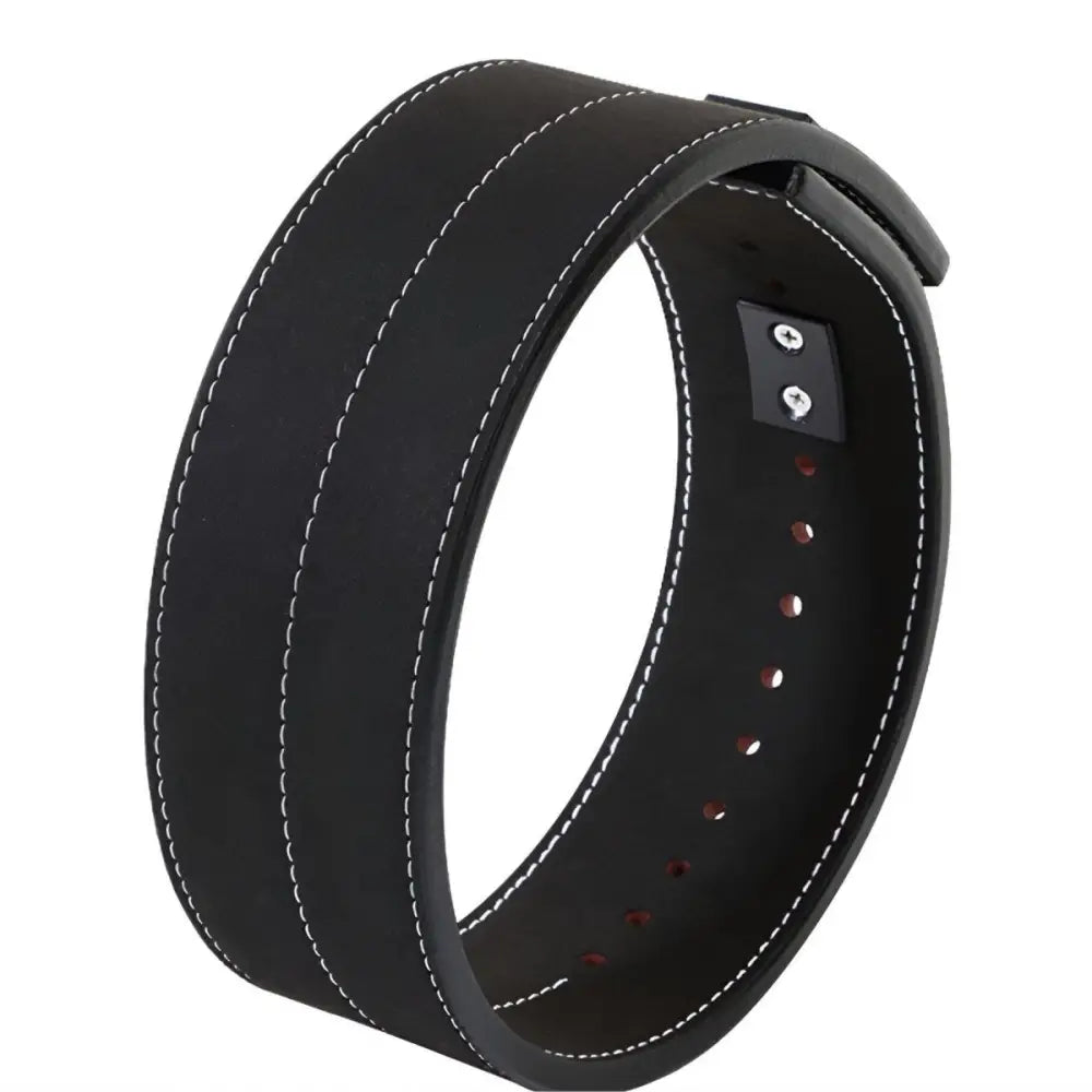 Black leather powerlifting belt with green accents and durable buckle for strength training