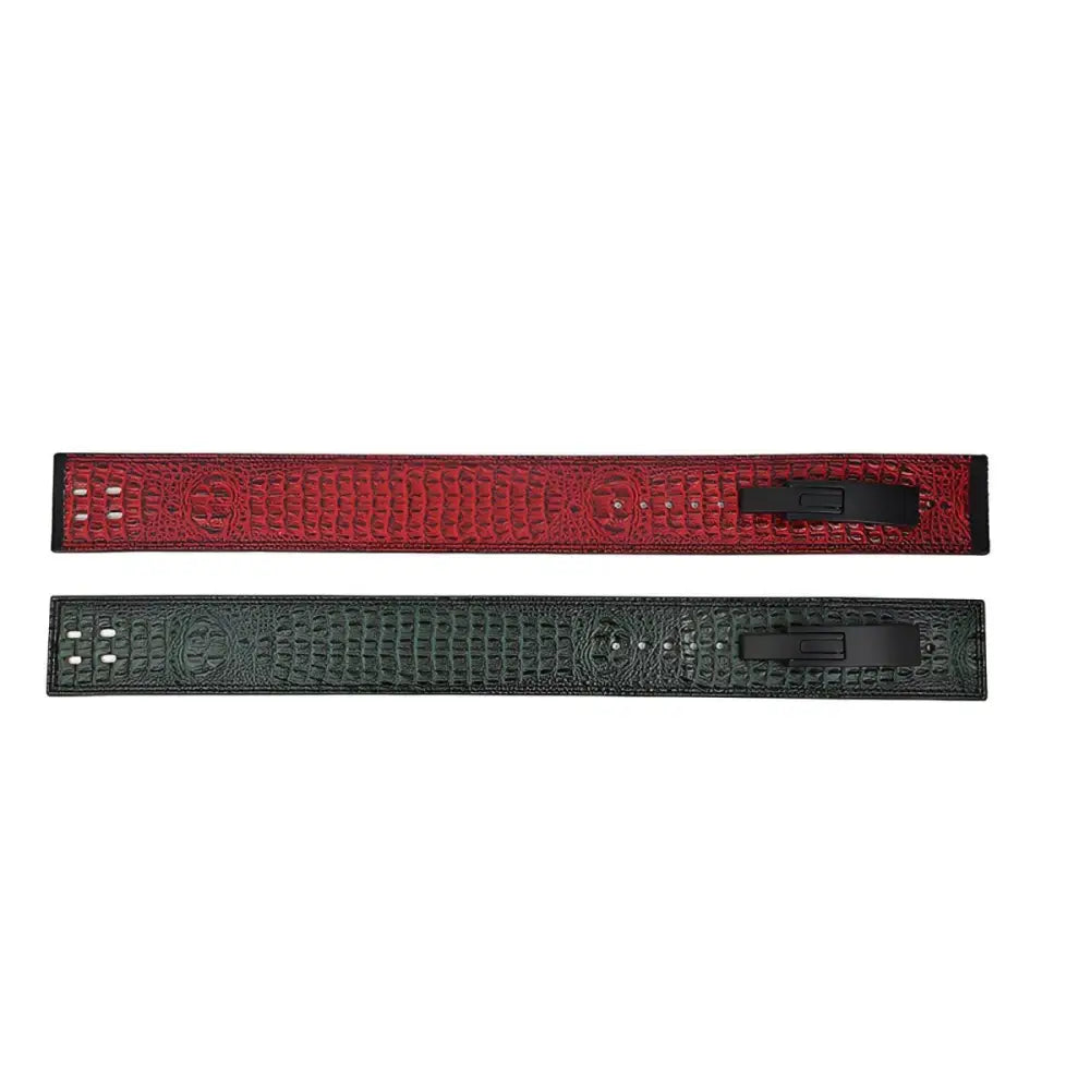 Amaury Leather Power Belts featuring red and green crocodile pattern for stylish wear