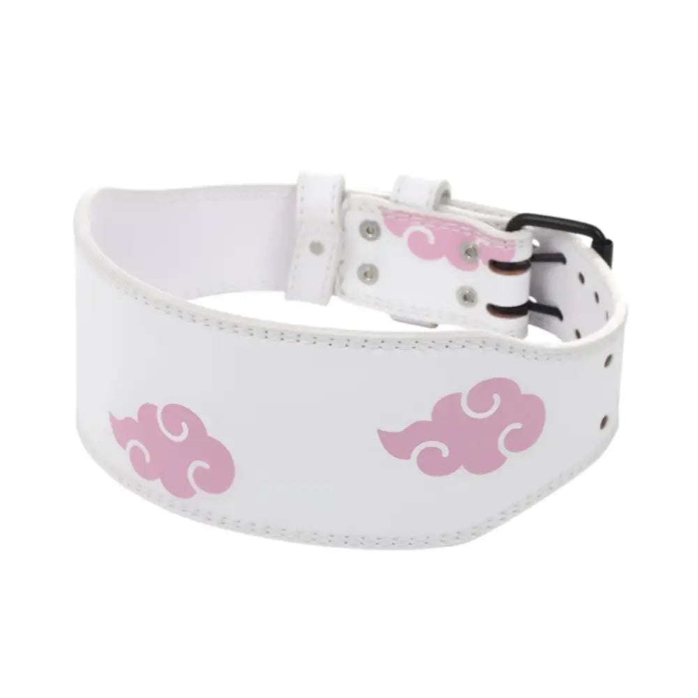 White leather powerlifting belt with multicolored cloud pattern for optimal support