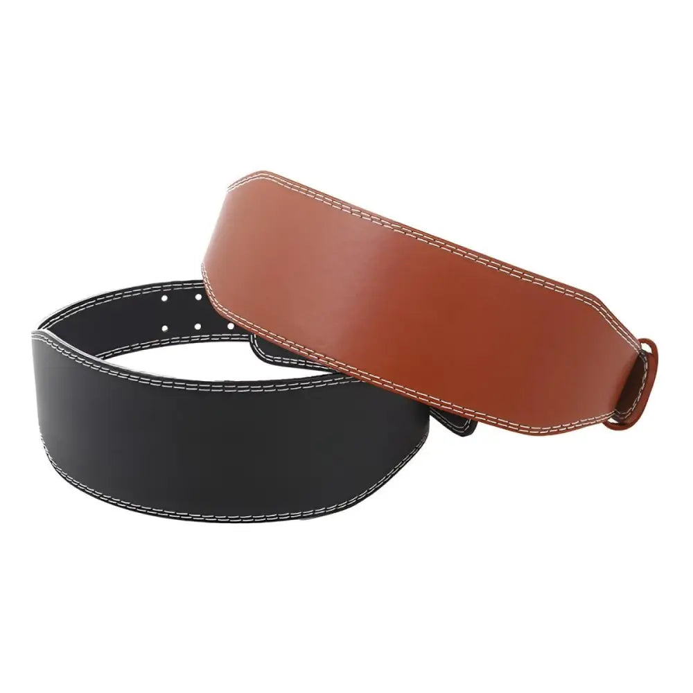 Leather lifting belts in brown and black displayed for weightlifting workouts