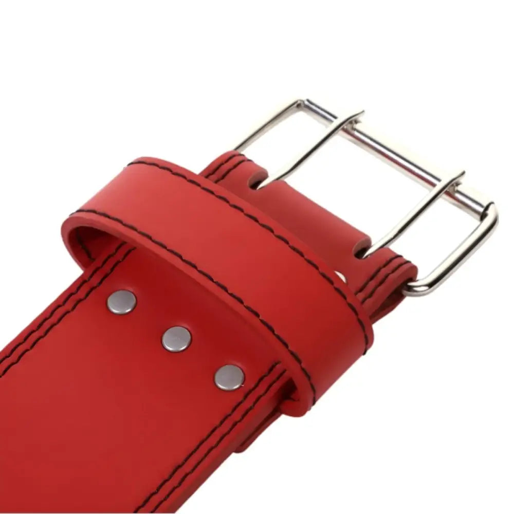 Red leather lifting belt with metal buckle from Omer Leather Lifting collection
