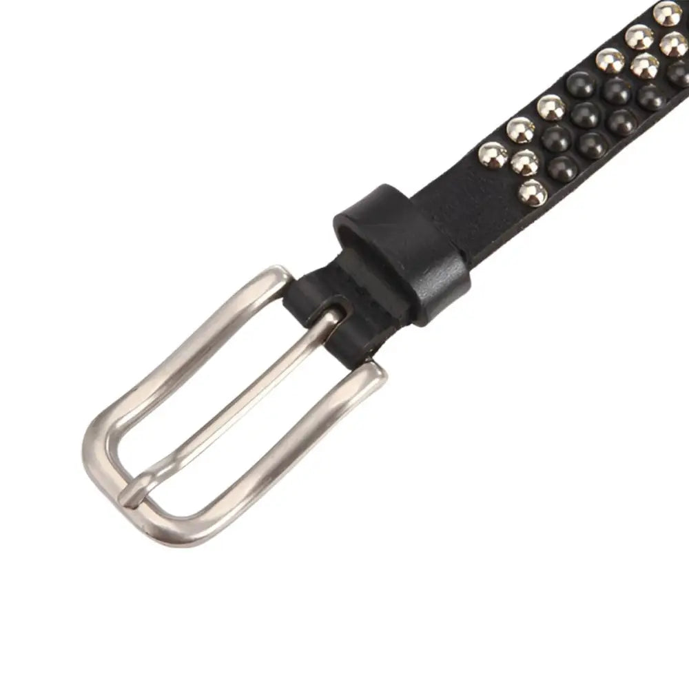 Studded black leather belt with silver buckle for enhancing personal style and fashion