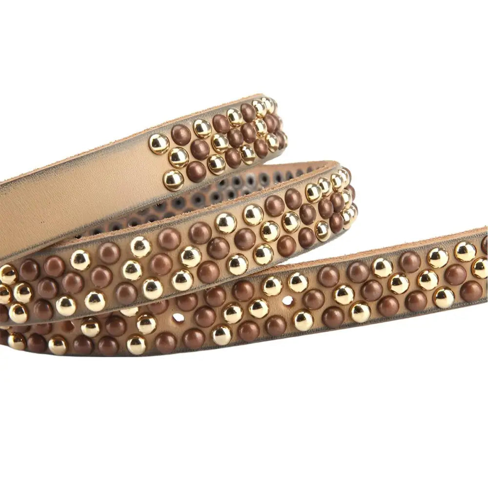 Beige leather belt with gold and brown studs enhancing personal style