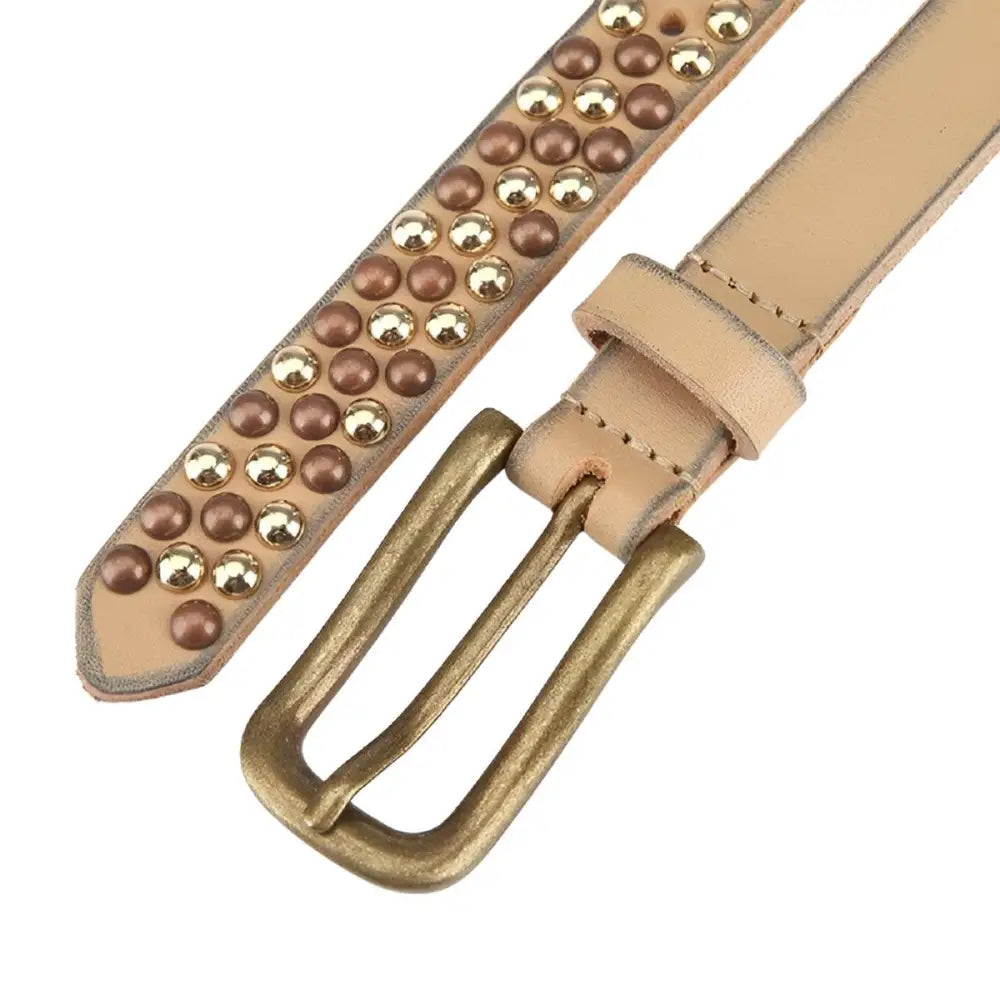 Beige leather belt with gold studs and brass buckle for personal style improvement