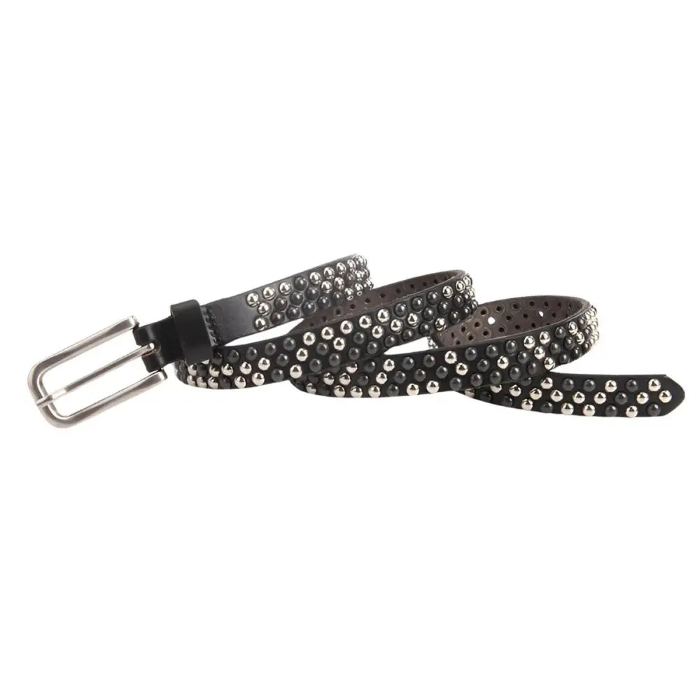 Black studded leather belt enhances personal style with gold studs and brass buckle