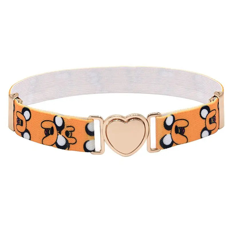 Orange elastic belt with cartoon characters and a heart-shaped buckle for Adventure Time young fans