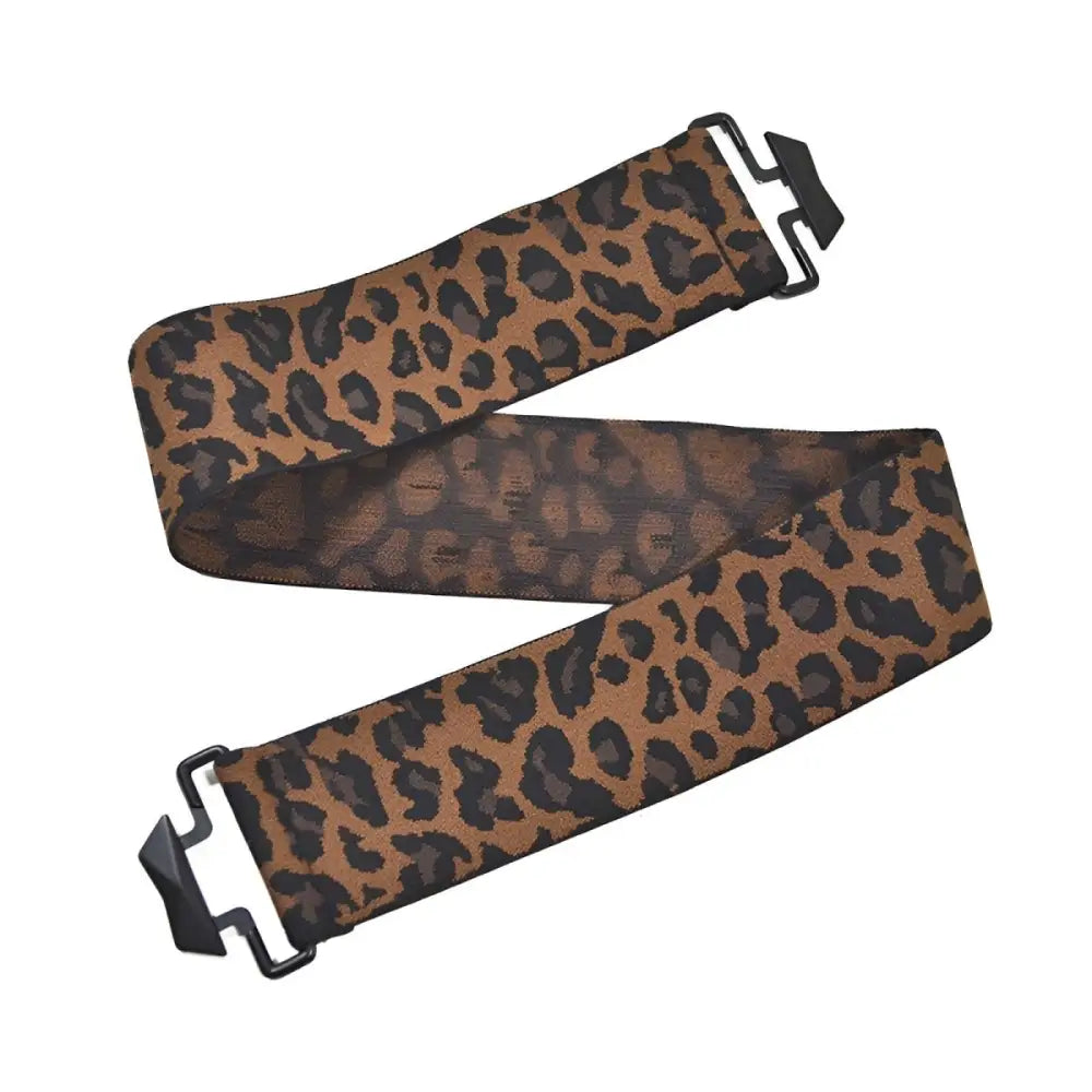 Leopard print guitar strap with women’s elastic belt design and black buckle