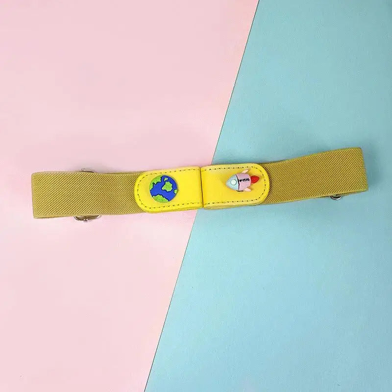 Elastic belt with space-themed embellishments and cartoon buttons for Children’s Denim Shorts
