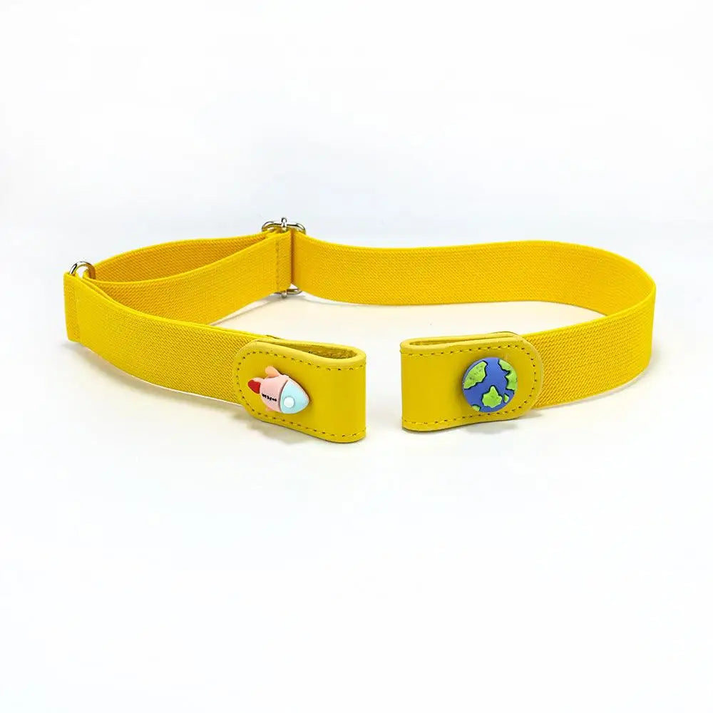 Yellow adjustable child’s belt with space-themed magnetic closures and cartoon button details