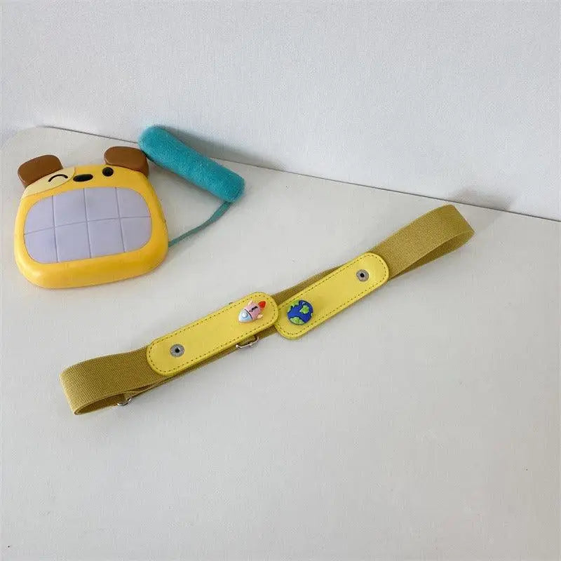 Yellow adjustable child’s belt with cartoon button detail in Children’s Denim Shorts with Fantine Belt