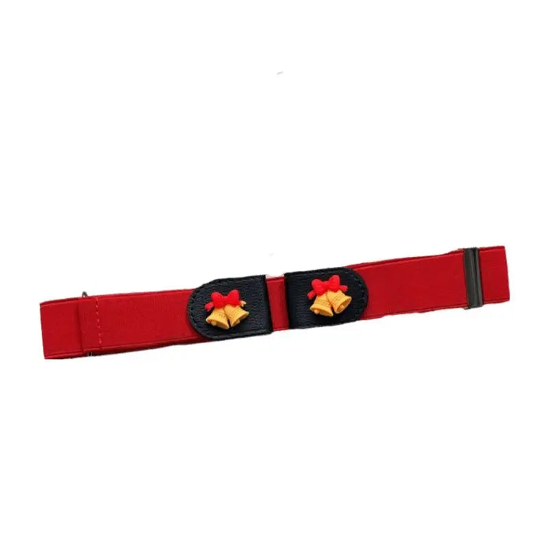 Apolline belt with red elastic material and jingle bell accents featuring snowflake and Santa Claus embellishments