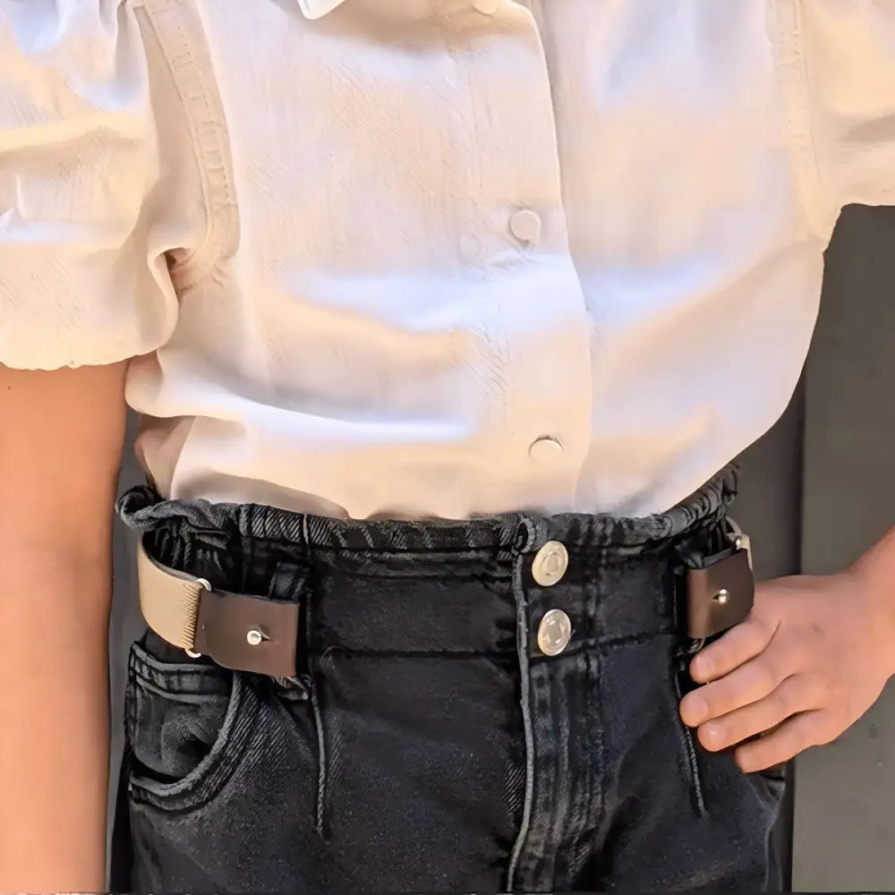 Arcanix belt with rainbow stripes featuring an elastic band and leather tabs for denim shorts