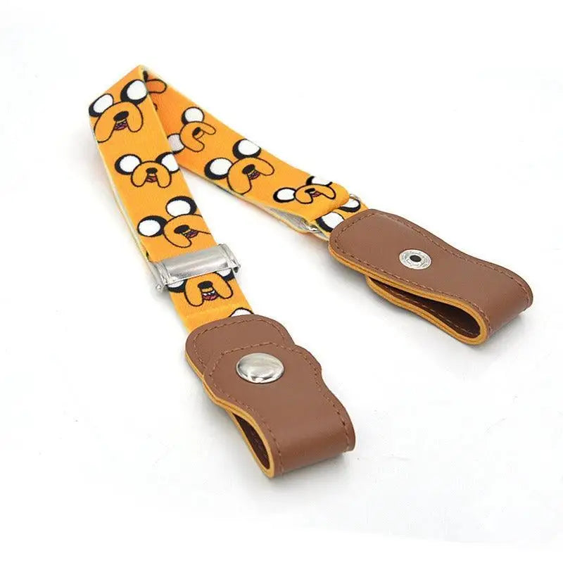 Yellow cartoon-patterned adjustable arcanix belt with rainbow stripes for denim shorts