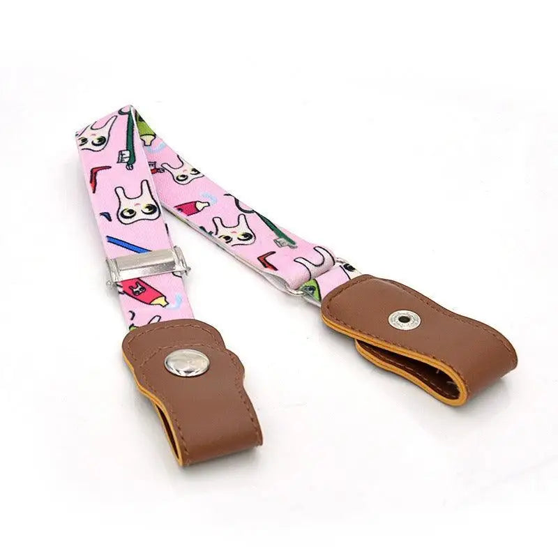Pink patterned suspenders with brown leather ends featuring the Arcanix belt and rainbow stripes