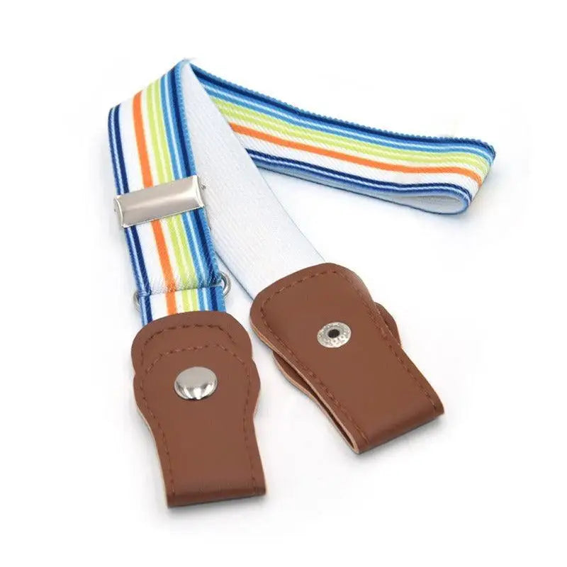 Arcanix belt with rainbow stripes and brown leather tabs for denim shorts