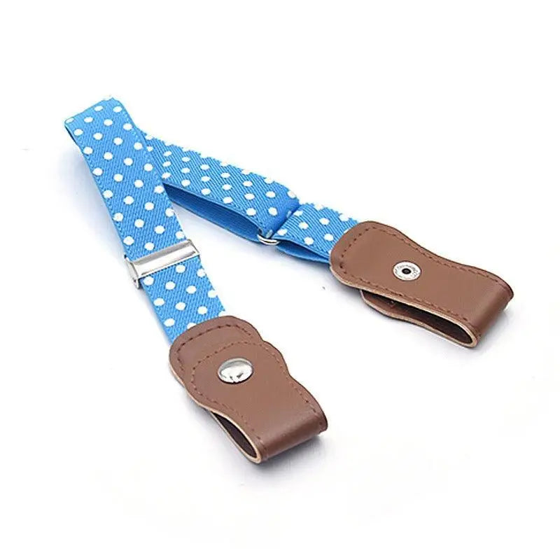 Blue polka-dot adjustable belt paired with denim shorts and pink suspenders