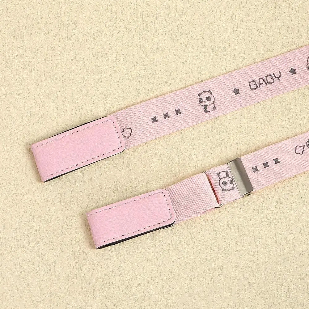 Pink baby belt with Erwin buckle-free design on Light Blue Denim Shorts