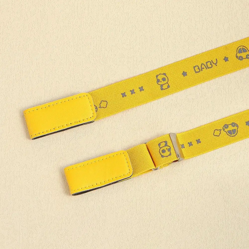 Yellow patterned baby belt with Erwin buckle-free design on Light Blue Denim Shorts