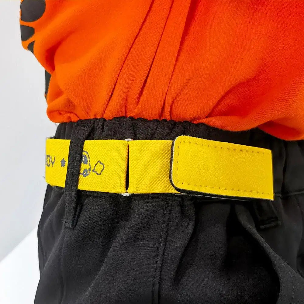 Yellow belt with cartoon graphics for Light Blue Denim Shorts featuring Erwin buckle-free belt