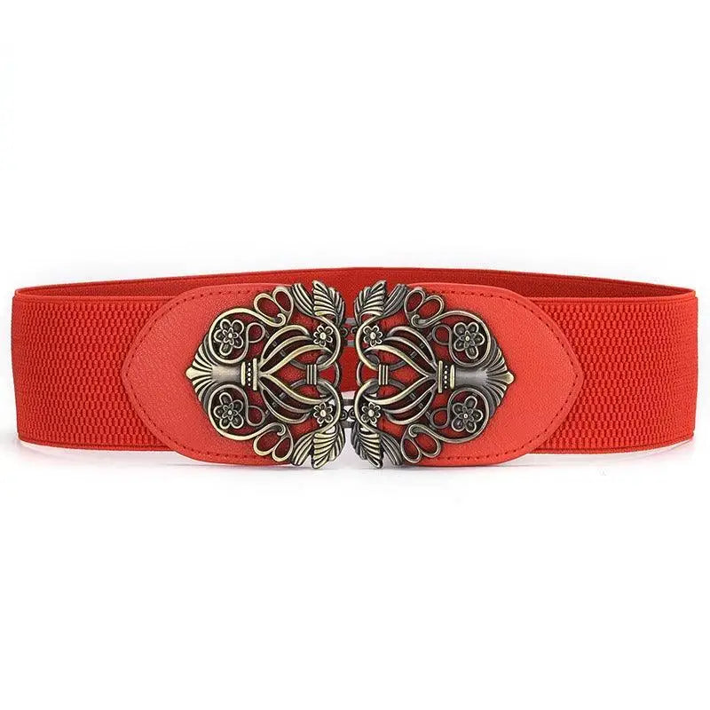 Red elastic belt with ornate silver clasp on Floral Dress with Decorative Belt
