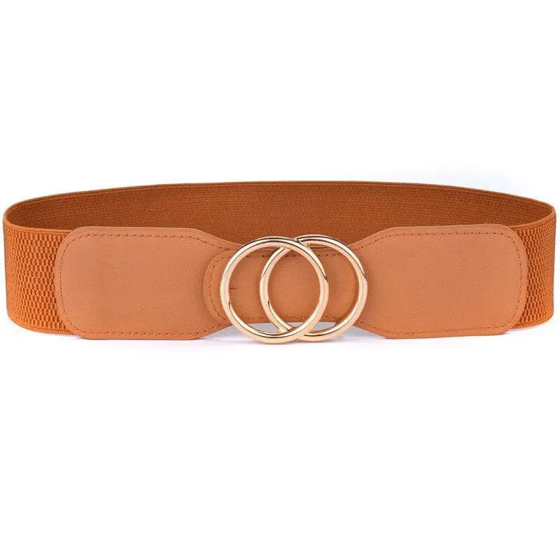 Brown elastic belt with gold double-ring buckle for Cream Ribbed Dress featuring black belt