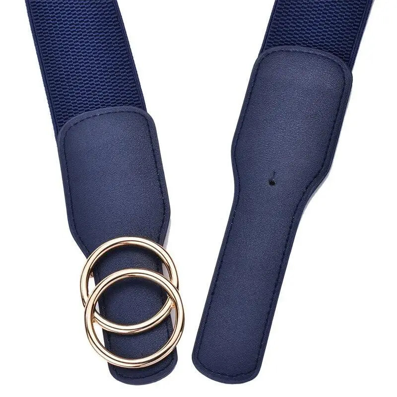 Navy blue elastic belt with gold double-ring buckle from Cream Ribbed Dress with Black Belt