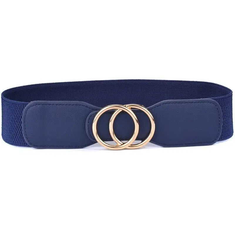 Navy blue elastic belt with gold interlocking circles from Cream Ribbed Dress collection