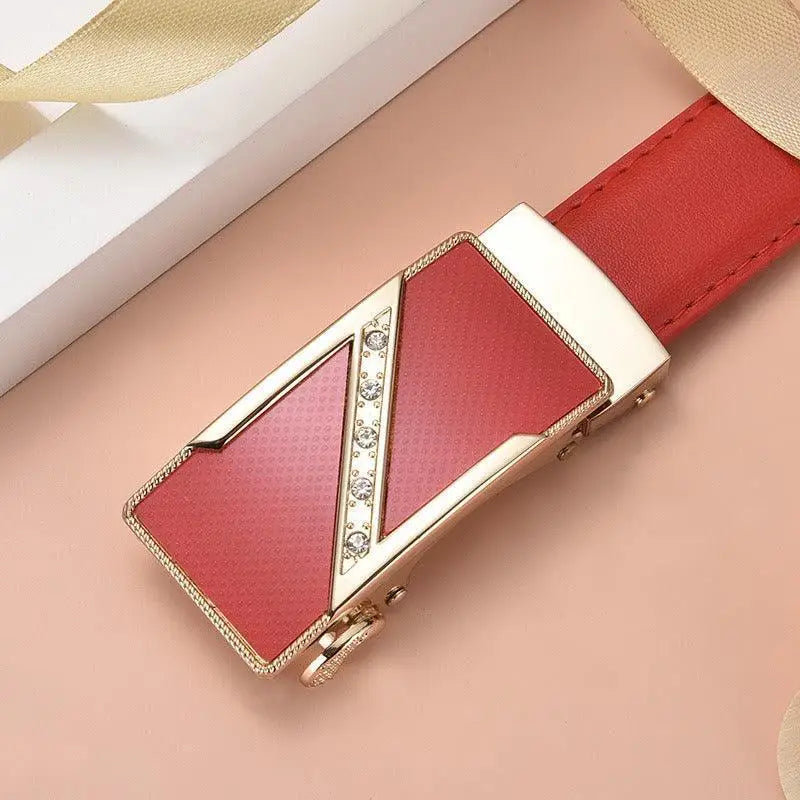 Red and gold leather belt with rhinestone detail from Decorative Red Leather Belts with Gold Buckles