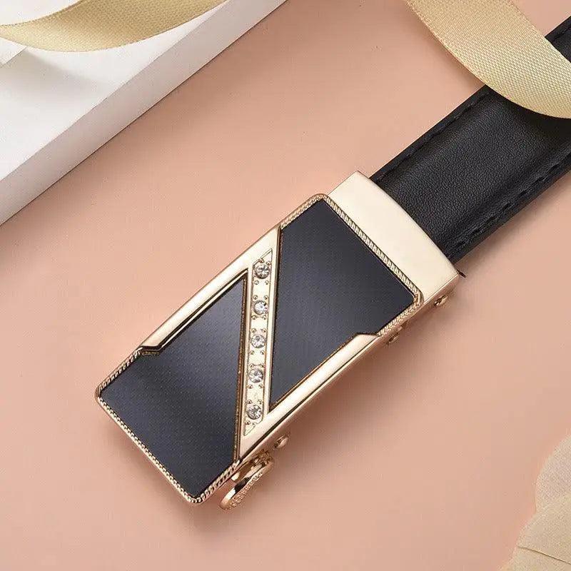 Black leather belt with gold and rhinestone buckle from the Decorative Red Leather Belts collection