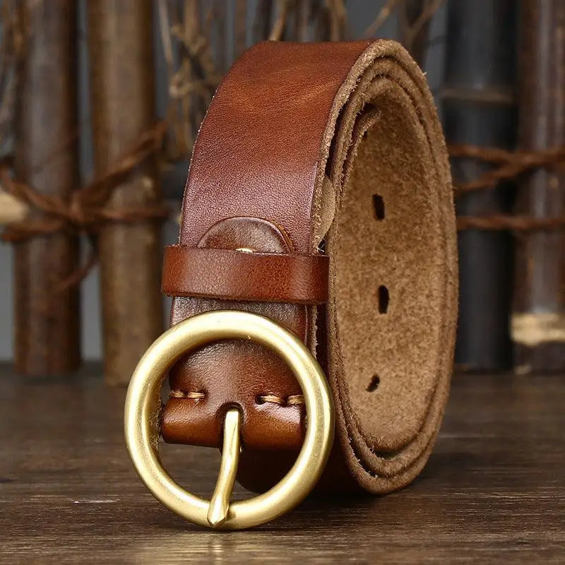 Brown genuine leather belt featuring a brass buckle from Leather Belts with Brass and Gold Buckles