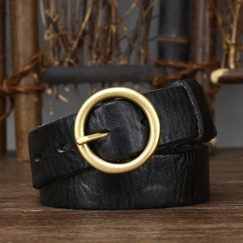 Black leather belt with round brass buckle from Leather Belts with Brass and Gold Buckles collection