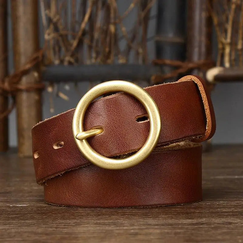 Brown leather belt with a circular brass buckle from Leather Belts with Brass and Gold Buckles