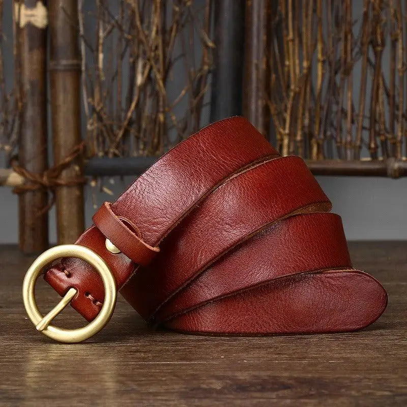 Brown leather belt featuring a gold buckle from Leather Belts with Brass and Gold Buckles