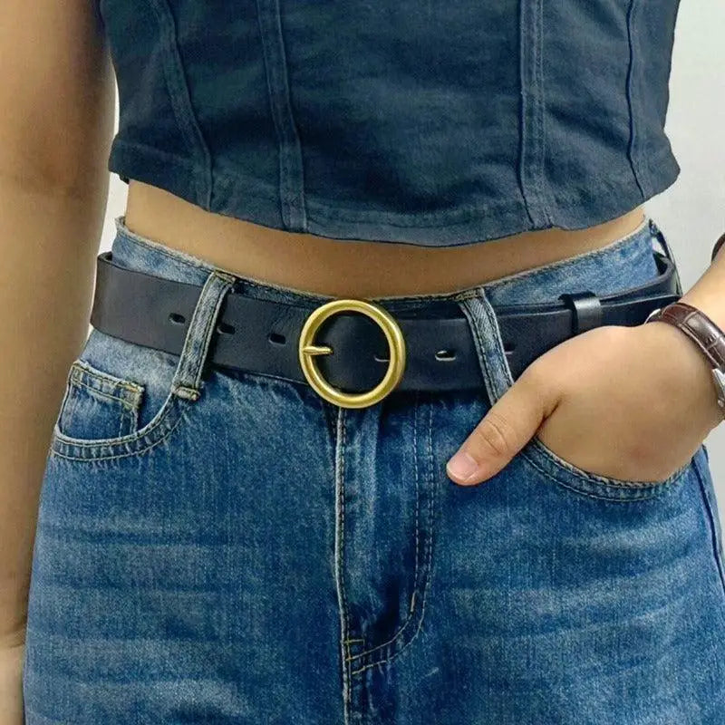 Black leather belt with a gold circular buckle from Leather Belts with Brass and Gold Buckles