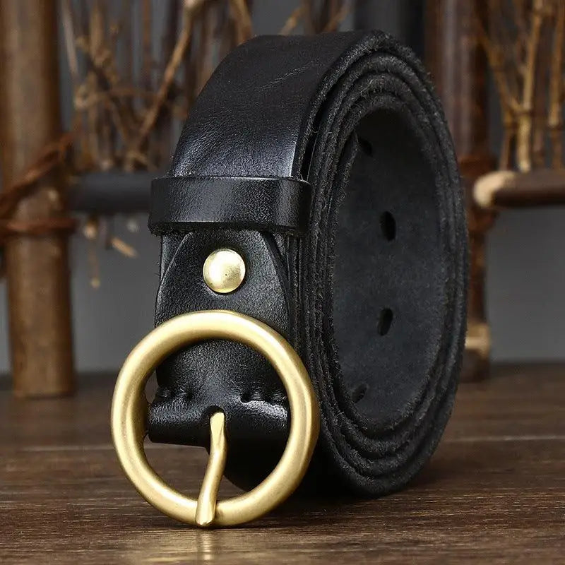 Black leather belt with brass buckle from Leather Belts with Brass and Gold Buckles collection